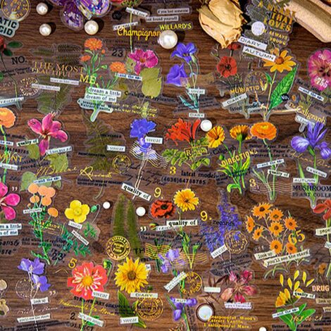 [Autocollants] Vintage PET Transparent Autocollants Floraux pour Carnets et Décorations - 10 feuilles motifs différents 80mm (1/5)