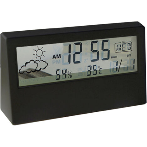 Horloge de bureau digitale avec alarme, date, température et humidité, modèle blanc lumineux transparent en plastique, dimensions 130x70x30mm