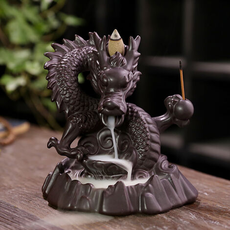 [Encensoir à Flux Inverse] Encensoir Céramique Dragon Auspicieux Chinois Traditionnel avec LED Optionnelle, 13.8x14cm (1/5)