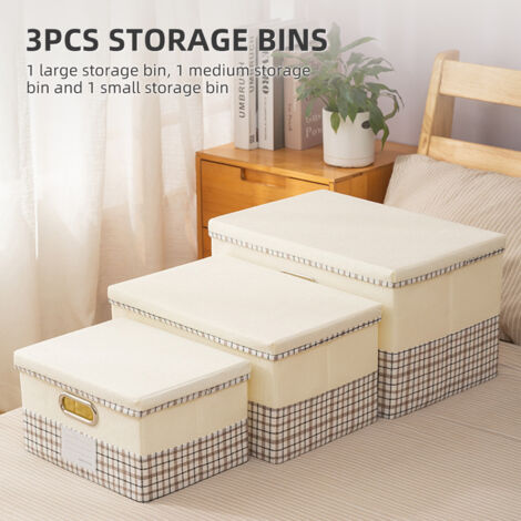 [Set de 3 Bacs de Rangement] + [No Brand] + [Modèle Collapsible avec Couverture] + [Cotton Linen Beige à Carreaux] + [Grand, Moyen, Petit pour Dressing, Bureau] (1/5)