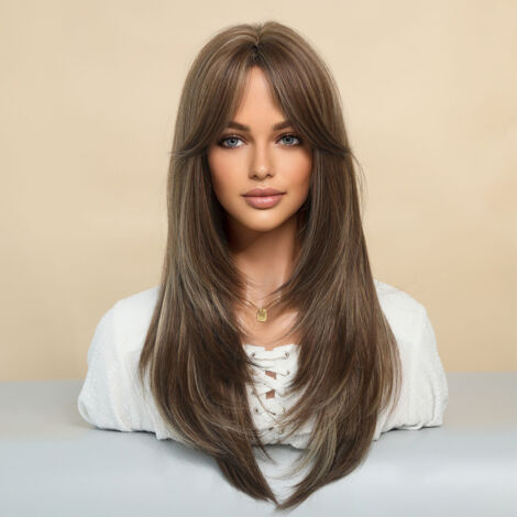 Perruque Synthétique Longue 25 Inch avec Frange et Céramique Sans Glue Modèle Naturel Couleur Bronzée/Gris Matériau Fibre Haute Température Taille 63cm