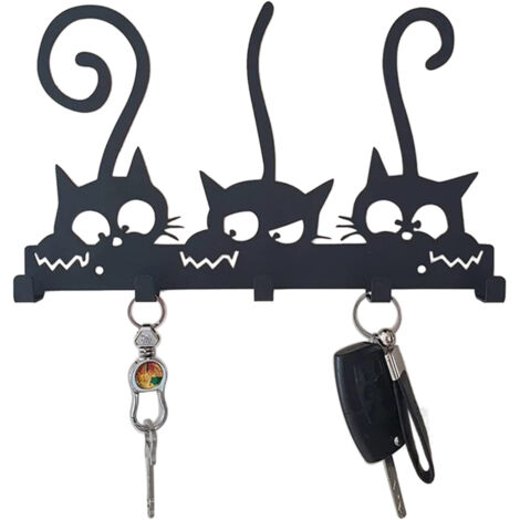 Porte-clés mural adhésif sans perforation, Noir, Fer, 24x10cm, 5kg, Installation facile pour rangement et décoration d'entrée - Article de déco pour maison