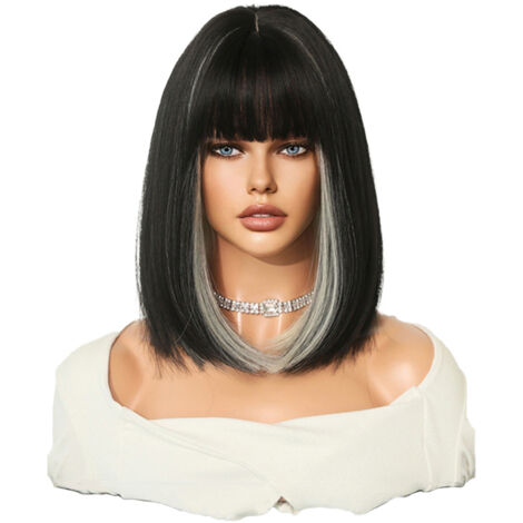 Perruque Femme Lob Court Synthétique Gris Résistante à la Chaleur avec Frange pour Usage Quotidien et Fêtes [Produit] [Marque Non Mentionnée] [Non Applicable] [Gris Naturel Résistant]