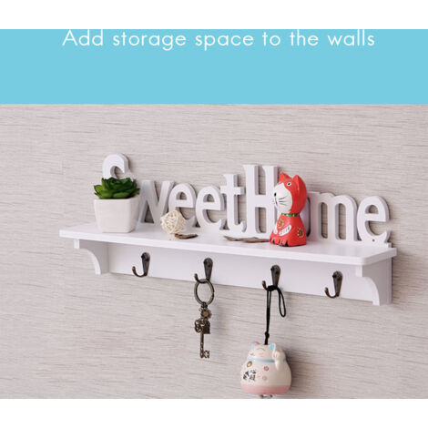 [Porte-manteau mural avec étagère] + Sweet Home + avec support clavier + étagère de rangement bois plastique 47x17x8cm 4 crochets design vintage pour entrée (1/5)