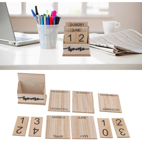 Calendrier de bureau à dates permanentes en bois design perpétuel, réutilisable et écologique, modèle artisan pour decoration retro (1 base + 9 blocs) (1/5)