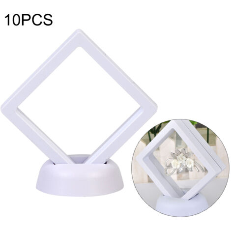 Boîte de présentation flottante 3D (10 pièces) - Cadre autoportant pour bijoux, montres, minéraux, collections - 9x9cm, blanc, plastique durable (1/5)