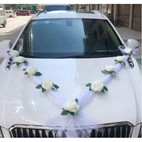 Ensemble de Décorations Florales Simulées pour Voiture de Mariage - 2 Guipures, 9 Fleurs et Kit d'Installation DIY