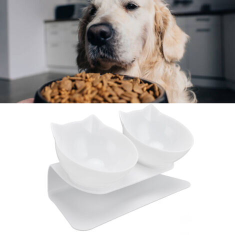 Bol de Surélévation à Double Bac pour Chat - Inclination 15° - Support Cervical - Base Blanche avec Bacs Blancs - Plastique - Pour Chatons et Petits Chiens - Avec 2 Bacs et Adhésifs Double Face (1/5)