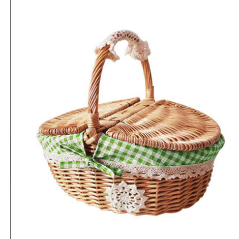 Panier de Pique-nique en Osier [Original Willow] 25x18x28cm avec Couverture et Poignée Ergonomique - Green/Blue/Red