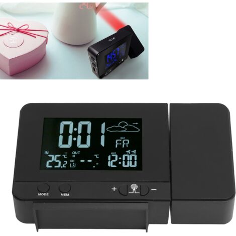 Réveil Projecteur à Alarmes avec Thermomètre Hygromètre Sans Fil et Détecteur Extérieur – Noir ABS – Dimensions 85x135x30mm (1/5)