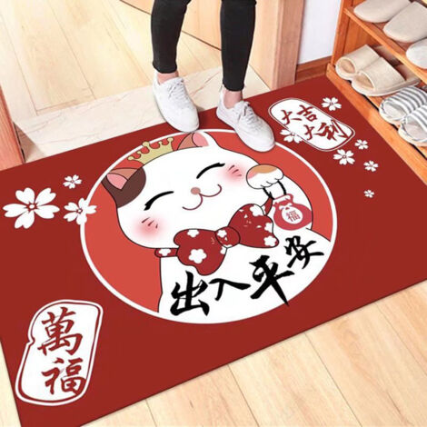 Paillasson de porte Red Fortune Cat Crystal velvet 40x60 cm - Absorbant, antidérapant, lavable (1/5)