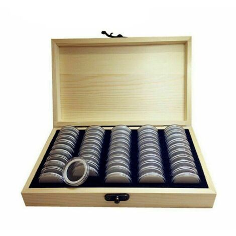 Boîte de rangement pour coins vintage en bois avec 50 pads et case EVA, 135x215x45mm, protection anti-oxydation double (1/4)
