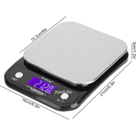 Balance de cuisine digitale WH B23 5kg 0.1g, noir ABS inox, bac 15cm, avec tare et minuterie. (1/5)