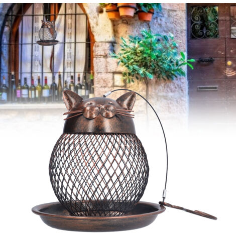 Distributeur de Graines pour Oiseaux en Fer Forgé Style Chat Vintage, Mangeoire Extérieure avec Grille Métallique, Décor de Cour et Jardin 17x16cm (1/5)