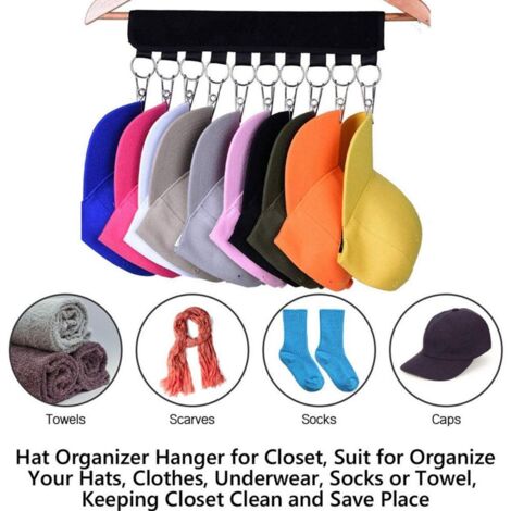 Organisateur de casquettes avec 10 clips pour portant, adaptable et durable (33x21.5cm, polyester et clips métal, noir/bleu/vert/jaune/rose/marron) (1/5)