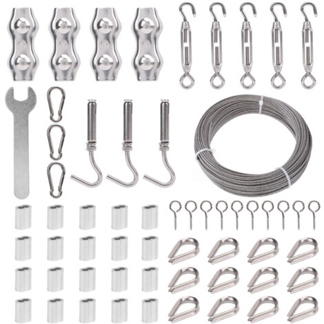 Kit d'Assemblage de Câble Métallique avec Tendeur - 100ft (30m) de Câble en Acier Inoxydable 304 - 2mm Diamètre - 8 Crochets et 20 Colliers Aluminium pour Plantes Pergolas Clotheslines (1/5)