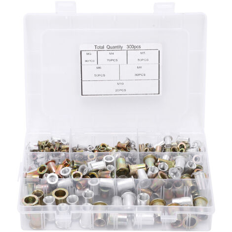 300 Pièces Rivet Nut Set Carbon Steel Threaded Insert Kit Assortment avec 6 Specifications (1/5)