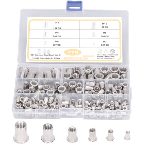 Ensemble de Rivets à Insert 170pcs M3-M10 en Stainless Steel 304, Durable avec Tête Plate et Thread, pour Fixations Professionnelles en France (1/5)
