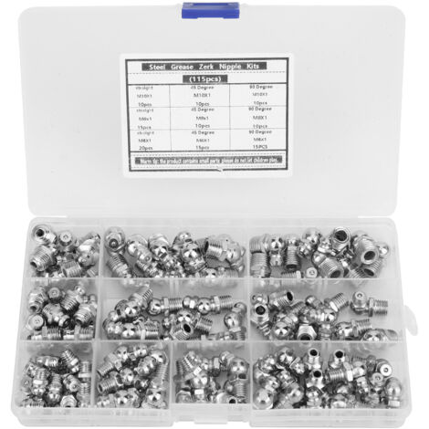 Grease Zerk Nipples en Acier Anti-Corrosion - Lot de 115 Pièces avec Modèles M6 x 1, M8 x 1, M10 x 1 - Entraxe (1/5)