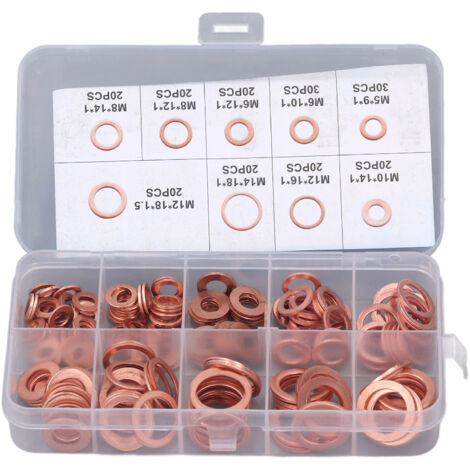 Kit de 200 joints de bouchon d'huile en cuivre rouge traité thermique 9 types M5-14 pour moteur et système hydraulique (1/5)