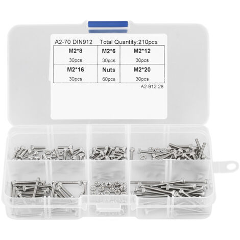 Kit de 210 pièces avec boîte de visserie M2 304 Inox - Boulons à tête cylindrique et écrous hexagonaux