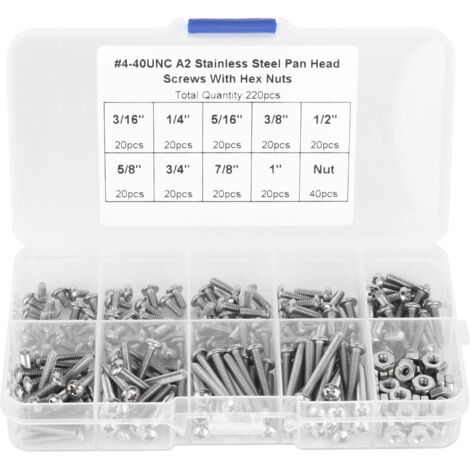 Bolts et Vis Kit 220 Pièces, 304 Stainless Steel Screws 4-40UNC avec Hex Nuts Washers, Pan Head Cross - Assortiment Têtes Acier Résistance Corrosion, 9 Tailles (1/5)