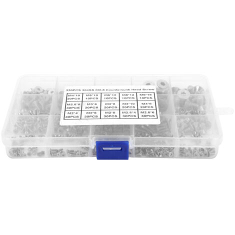 Assortiment de 320 vis à tête plate en acier inoxydable SS304 (M2-M6) pour montages électroniques, navals et industriels - Résistance à la corrosion, dimensions variées, boîte transparente de rangemen (1/5)