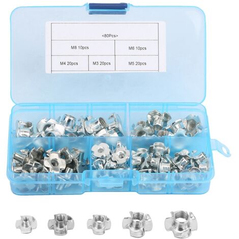 Four-Pronged T-Nuts Set Kit DIY zinc-plated Steel M3/4/5/6/8 80pcs pour Bois et Meubles (1/5)
