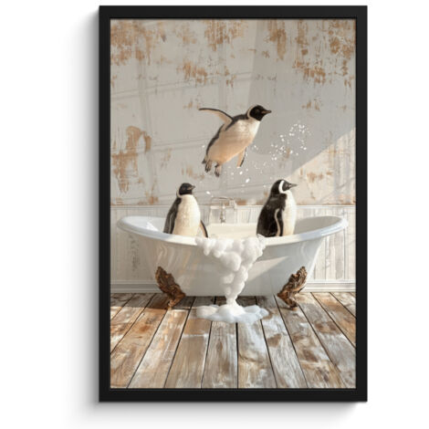 AFFICHE ENCADRÉE Vintage - Pingouin - Baignoire - Mousse Cadre Décoration Murale 40x60