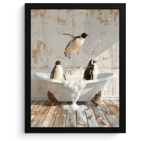 AFFICHE ENCADRÉE Vintage - Pingouin - Baignoire - Mousse Décoration Murale 30x40