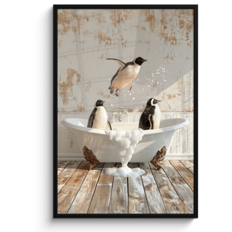 AFFICHE ENCADRÉE Vintage - Pingouin - Baignoire - Mousse Decoration Murale Peinture 80x120