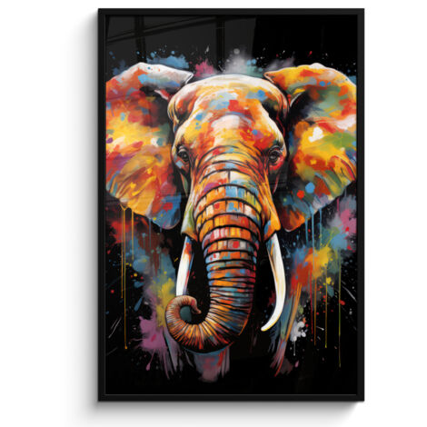AFFICHE ENCADRÉE Éléphant - Graffiti - Noir - Animaux - Couleurs Decoration Murale Peinture 80x120