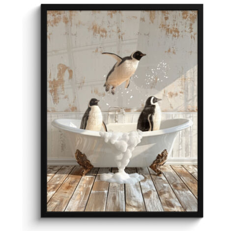AFFICHE ENCADRÉE Vintage - Pingouin - Baignoire - Mousse Tableau Décoration Murale 60x80