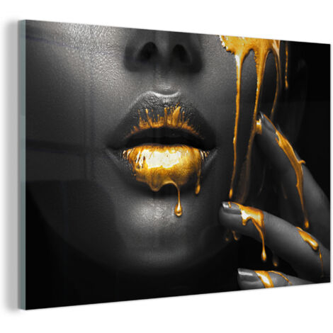 TABLEAU EN PLEXIGLAS Femme - Noir - Or - Visage - Lèvres Tableau Décoration Murale 60x40 (1/5)