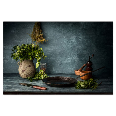CRÉDENCE DE CUISINE Herbes - Épices - Poêle - Couteau - Gris - Rustique 60x40 (1/5)
