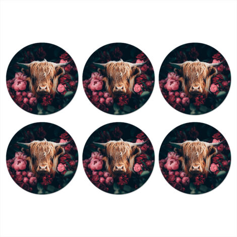 POSAVASOS Vache - Highlander écossais - Fleurs - Botanique Lot de 6 10x10 (1/5)