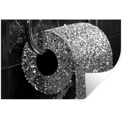 STICKER MURAL WC - Papier hygiénique - Noir et blanc - Paillettes 120x80 cm