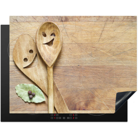 PROTECTION PLAQUE INDUCTION Bois - Cuillères - Marron - Smiley Couvre Plaque De Cuisson 77x59 cm