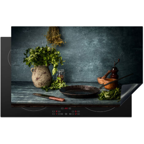 PROTECTION PLAQUE INDUCTION Herbes - Épices - Poêle - Couteau - Gris - Rustique Cuisine Accessoire 85x52 cm