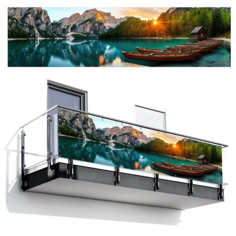 BRISE-VUE POUR BALCON Lac - Montagnes - Coucher de soleil - Bateau 300x85 cm (1/4)