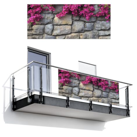 BRISE-VUE POUR BALCON Bougainvilliers - Mur en pierre - Rose 300x130