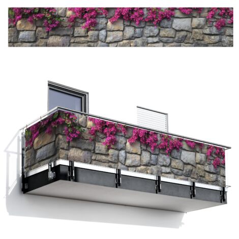BRISE-VUE POUR BALCON Bougainvilliers - Mur en pierre - Rose 500x90