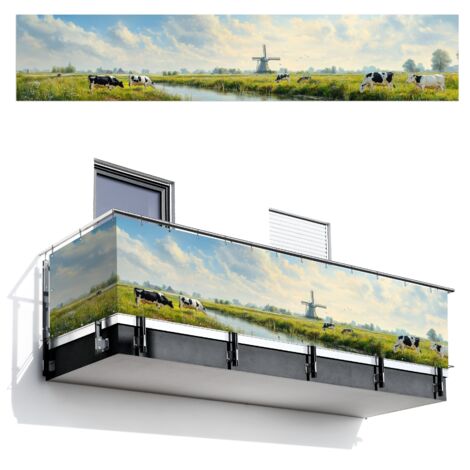 BRISE-VUE POUR BALCON Vaches - Moulin à vent - Prairie - Bleu 500x95 cm (1/4)