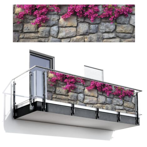 BRISE-VUE POUR BALCON Bougainvilliers - Mur en pierre - Rose 300x95