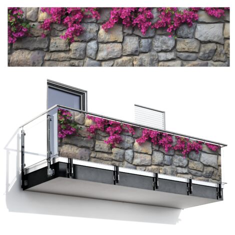 BRISE-VUE POUR BALCON Bougainvilliers - Mur en pierre - Rose 300x75