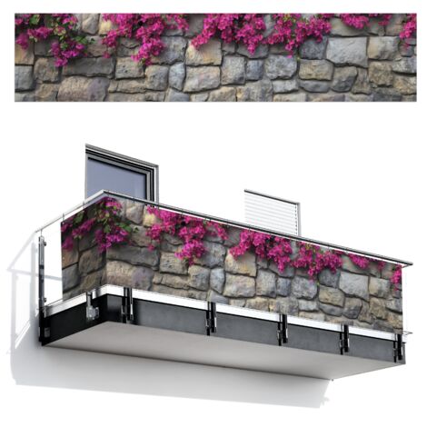 BRISE-VUE POUR BALCON Bougainvilliers - Mur en pierre - Rose 500x110