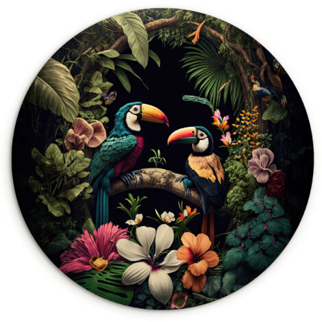 LE TABLEAU Oiseau - Fleurs - Plantes - Jungle - Noir - Toucan Decoration Murale Peinture 120x120 cm (1/5)
