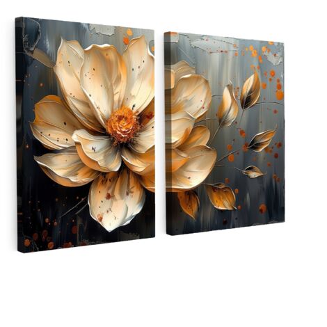 TABLEAU SUR TOILE Fleur - Or - Abstrait - Peinture Lot de 2 60x40