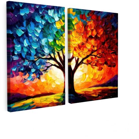 TABLEAU SUR TOILE Arbre - coloré - aspect peinture - abstrait Lot de 2 80x60
