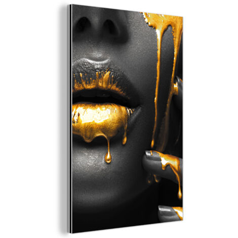 TABLEAU EN MÉTAL Femme - Noir - Or - Visage - Lèvres Décoration Chambre 40x60 (1/5)